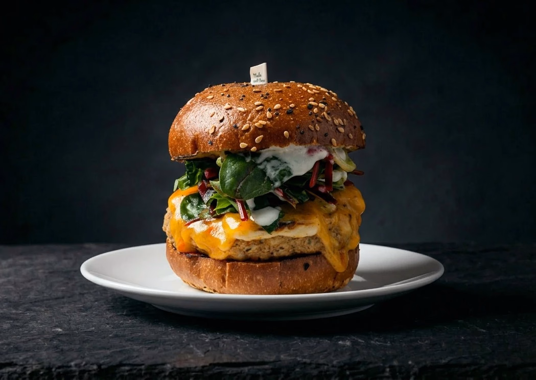Glaze example: a cheeseburger presented on a ceramic plate against a dark studio background